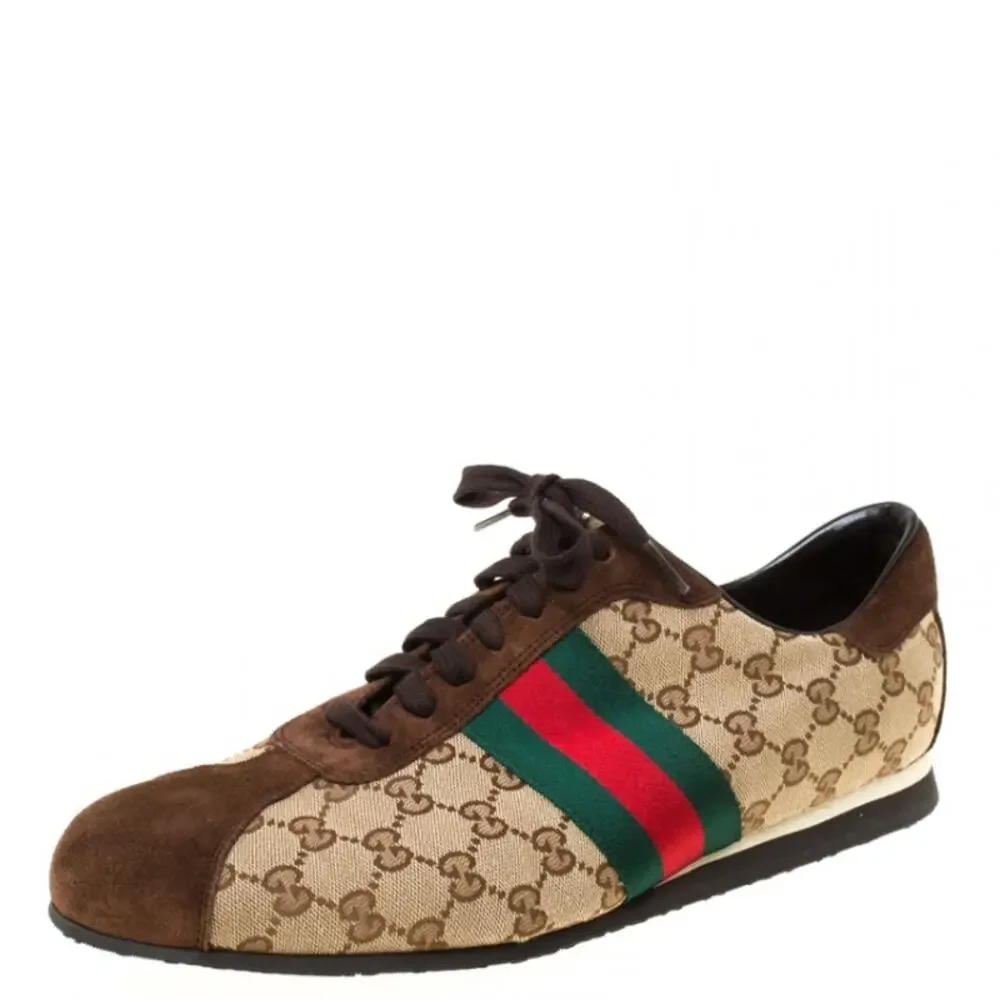 GUCCI GG Monogram Canvas Brown Suede Red Web Lace Sneakers Sz 9G 9.5 US $995